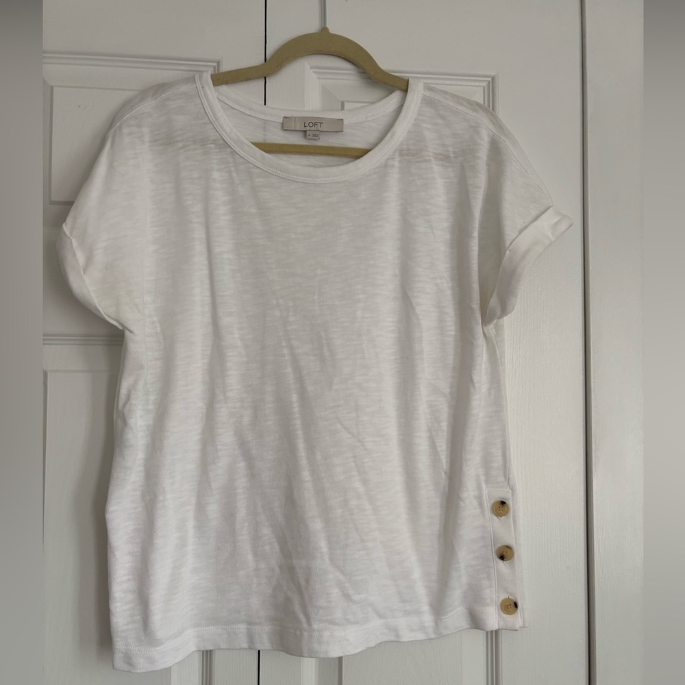 LOFT White Short Sleeve Tee with Side Button Detail